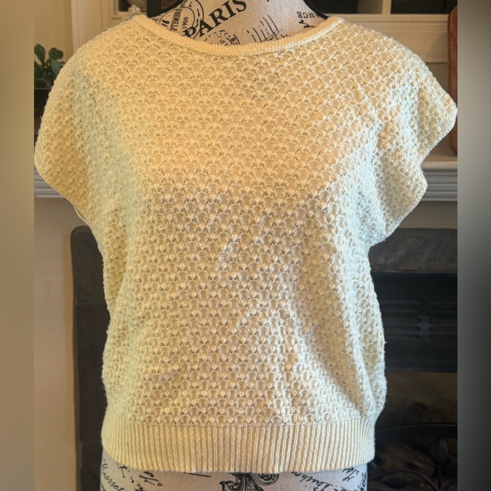 Vintage Sweater Bazaar Cream Women’s Large Short Sleeve Boxy Made in USA 80s 90s